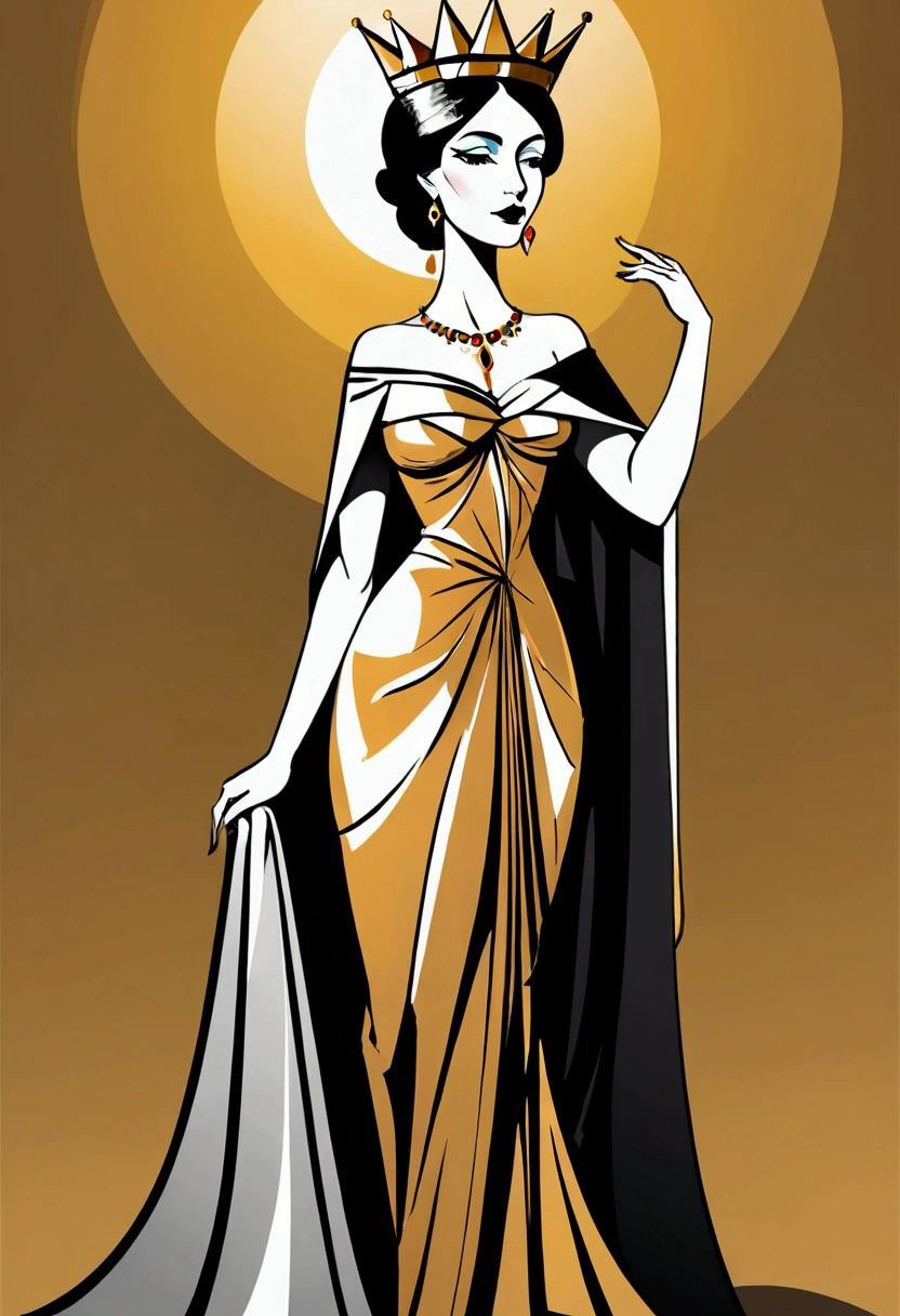 Picasso Cubism, Queen,  crown, elegant dress，simple geometric shapes and lines，By color、Gradient、Shadows and other methods to enhance the visual effects and layering of graphics。 vector art style has simplicity、clean、modern visual features，Simple golden background, Death Stare, Solar eclipse background