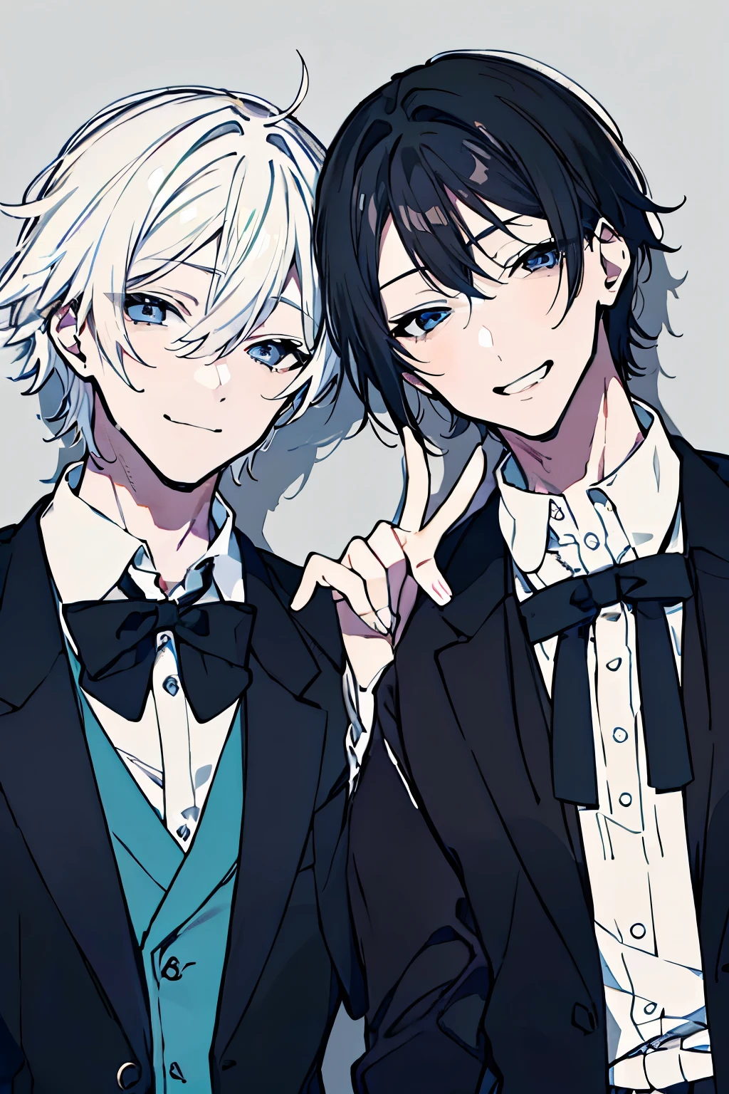 (Mastepiece), (Best Quality), Very detailed, ((Two friendly men)), Perfect Face, Beautiful Face, Very detailed顔，(One black-haired man:1.3)，(One white-haired man:1.3)，shirt、smile