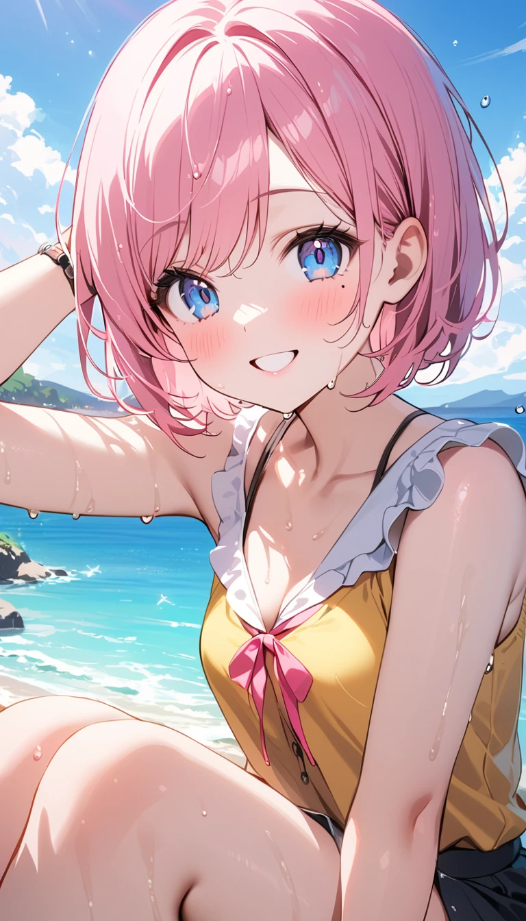 (1 girl),(Best Picture Quality, 8K, Masterpiece:1.3), (high school student:1.5), ((pink lob hair:1.1)), (bob cut),(swept bangs), (cute eyes, pupil black, iris skyblue, youthful face), (mole under right eye), (standard weight), (small breasts), (glistening skin:1.1),(pale skin:1.2),((Gyaru fashion:1.3)),(wet:1.3),((summer scene:1.2)),(magnificent view),(overlooking),(Smile).
