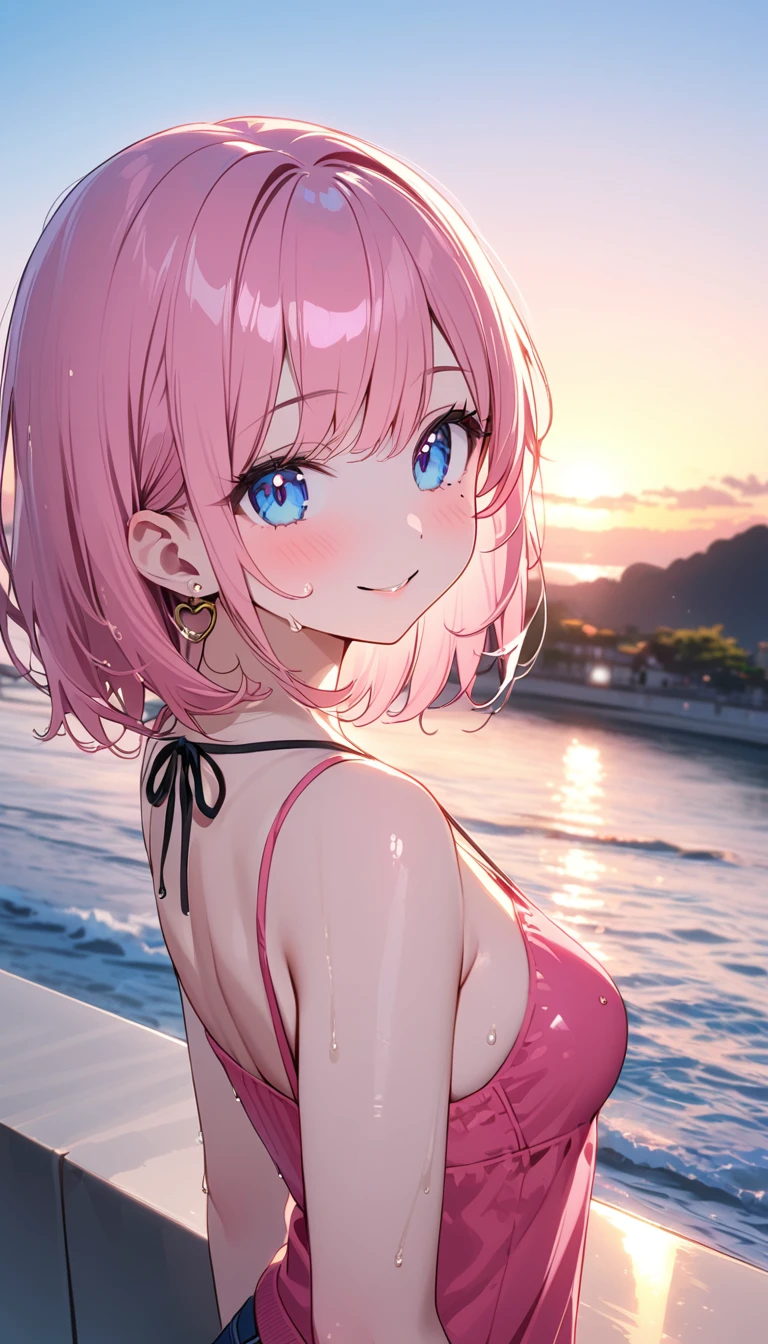 (1 girl),(Best Picture Quality, 8K, Masterpiece:1.3), (high school student:1.5), ((pink lob hair:1.1)), (bob cut),(swept bangs), (cute eyes, pupil black, iris skyblue, youthful face), (mole under right eye), (standard weight), (small breasts), (glistening skin:1.1),(pale skin:1.2),((Gyaru fashion:1.3)),(wet:1.3),((summer scene:1.2)),(magnificent view),(overlooking),(Smile).