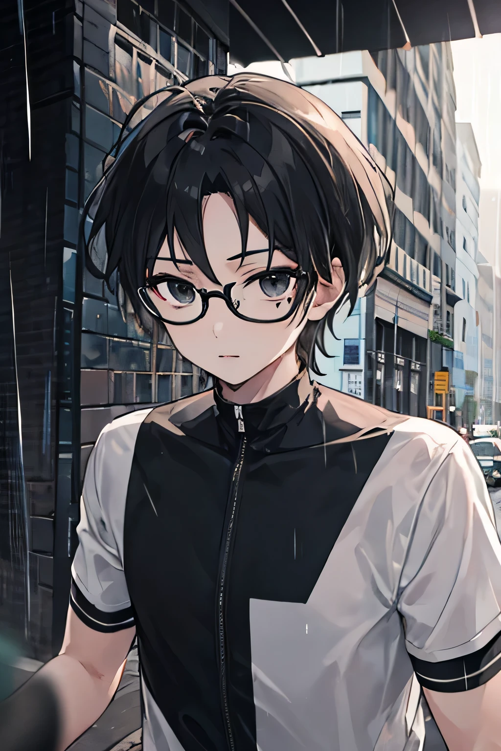 Masterpiece, best quality, 1 boy, daytime city, rain, Cycling shirt, detailed face, Detailed eyes, look at viewer, black short hair ,black eyes,Wear glasses