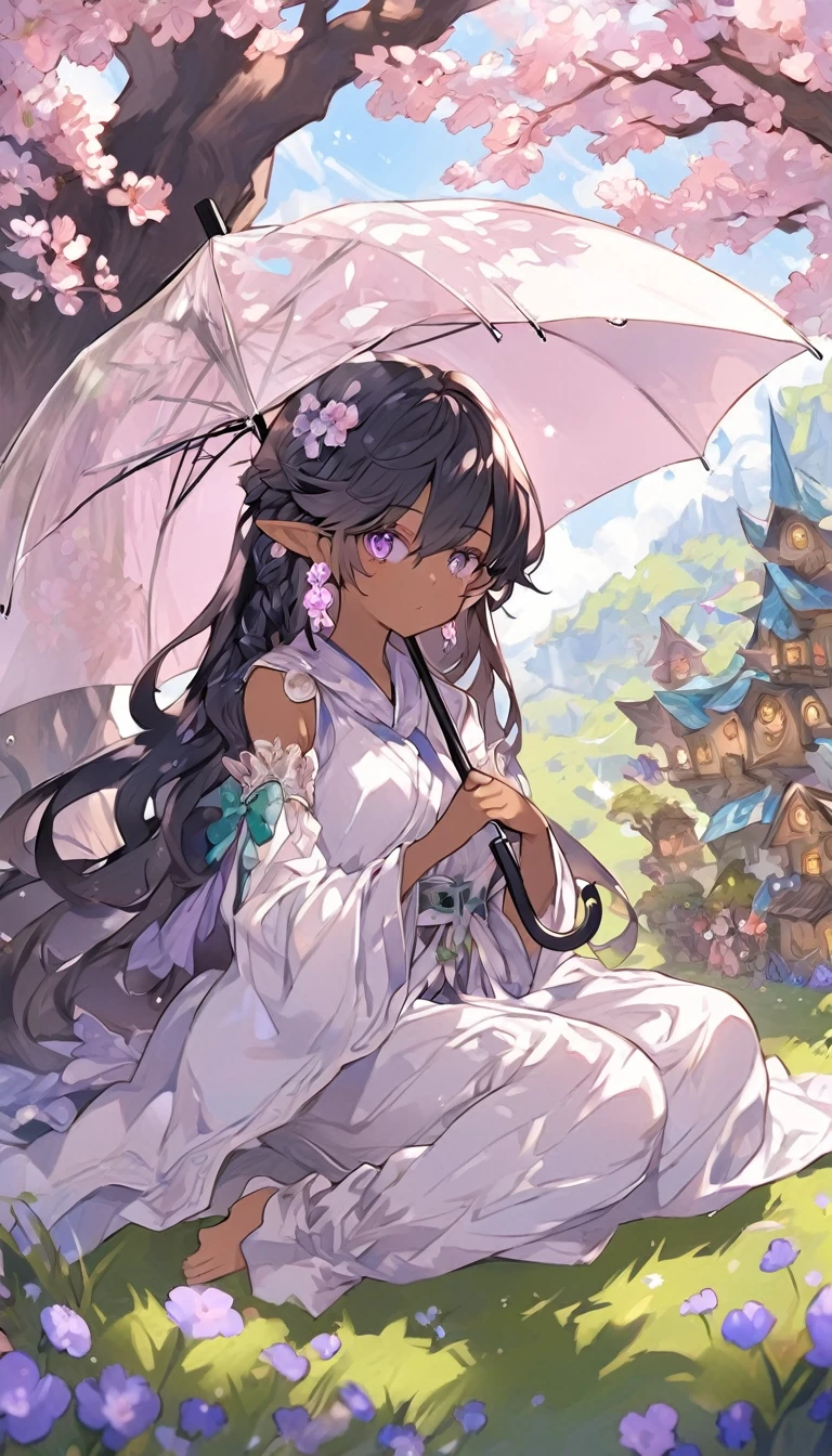 hearthstone, by person i wanted to draw a woman, not a man, under an umbrella because it was raining. i was drawing in my notebook, because my studio is out of rain gear. fantasy world, anime world, fantasy creatures,, mushroom, 1girl, umbrella, sitting, black hair, long hair, pointy ears, dark skin, braid, tree, holding umbrella, purple eyes, dark-skinned female, holding, toeless legwear, jewelry, earrings, detached sleeves, solo