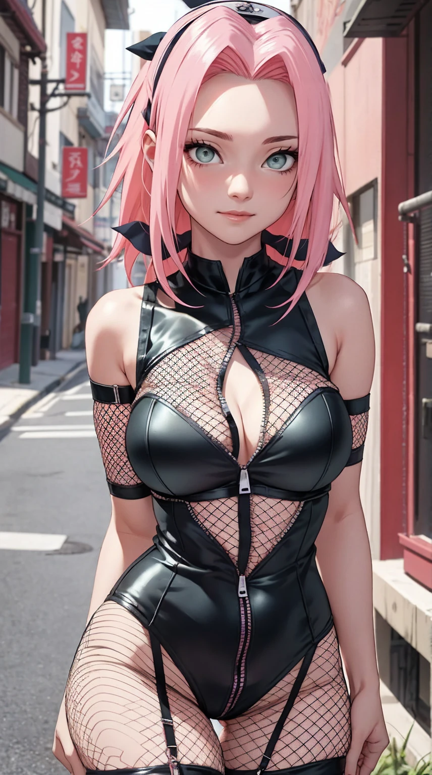 tmasterpiece， Best quality at best， 1girll， Sakura Haruno， Large breasts，Off-the-shoulder attire，upperbody closeup)，Raised sexy，is shy，ssmile，with pink hair， Green eyeballs:1.4)， Forehead protection， pulled down zipper, (prostitute clothes:1.5), alley, prostitute, deep cleavage, slutty, slutty clothes, fishnet, see-through shirt, zipper panties, nipple pasties,