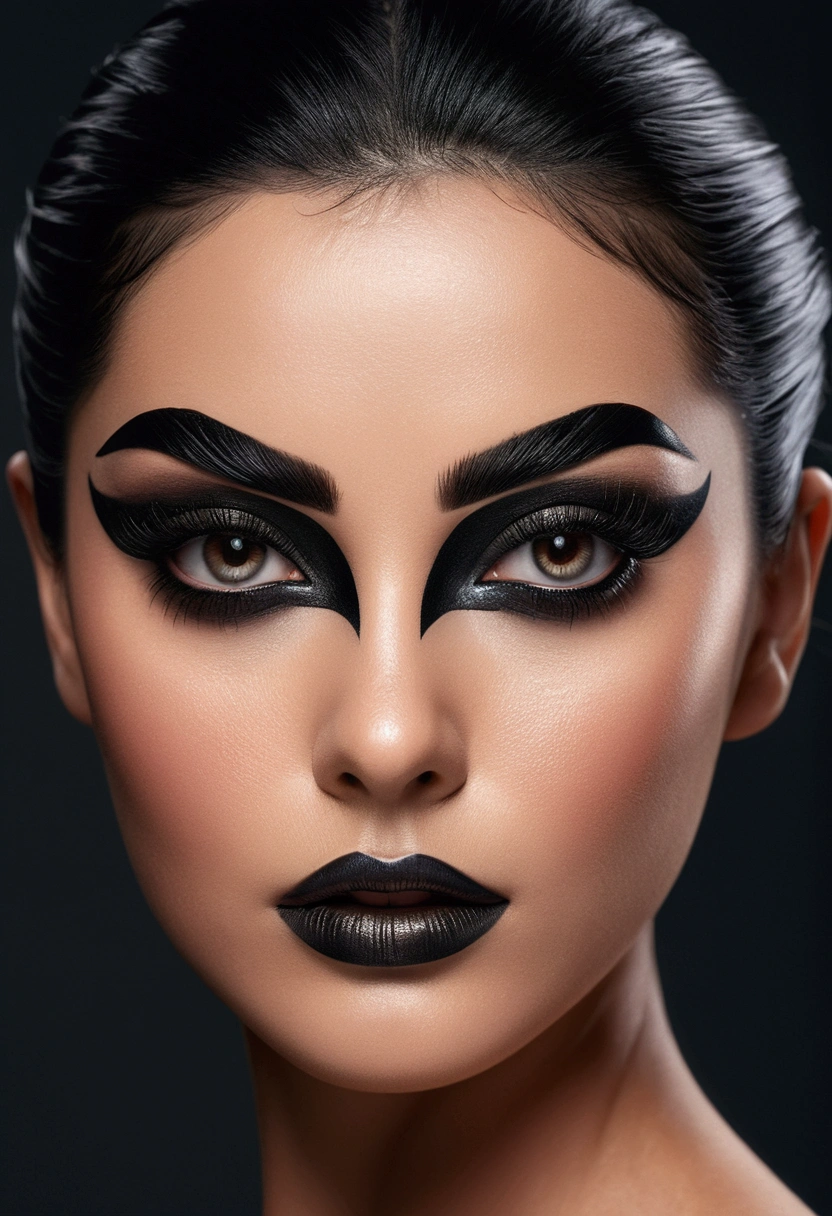 a beautiful woman with a face mask, kohl-lined eyes, thick black eyebrows, and stylishly coiffed hair, (best quality,4k,8k,highres,masterpiece:1.2),ultra-detailed,(realistic,photorealistic,photo-realistic:1.37),1girl, beautiful detailed eyes,beautiful detailed lips,extremely detailed eyes and face,long eyelashes,black face mask,black hair,high fashion hairstyle,dramatic eye makeup,dark eyebrows,chiaroscuro lighting,moody lighting,cinematic lighting,dramatic lighting,high-end fashion photography,editorial style,vogue style,dark and moody,dramatic colors,rich colors,high contrast