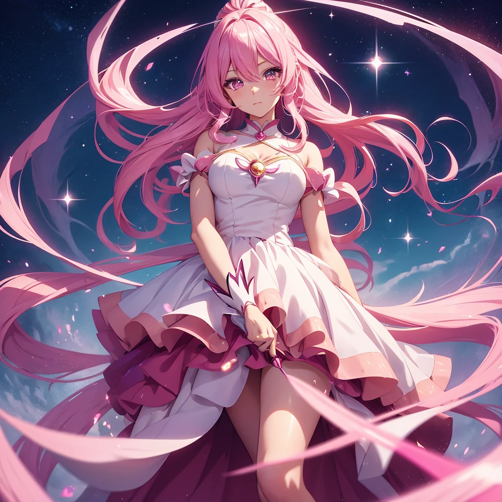 Magical Girl Transformation: An anime girl with long, flowing pink hair and sparkling eyes, surrounded by a swirl of magical light as she transforms into a powerful magical girl with a wand and a dazzling outfit.
