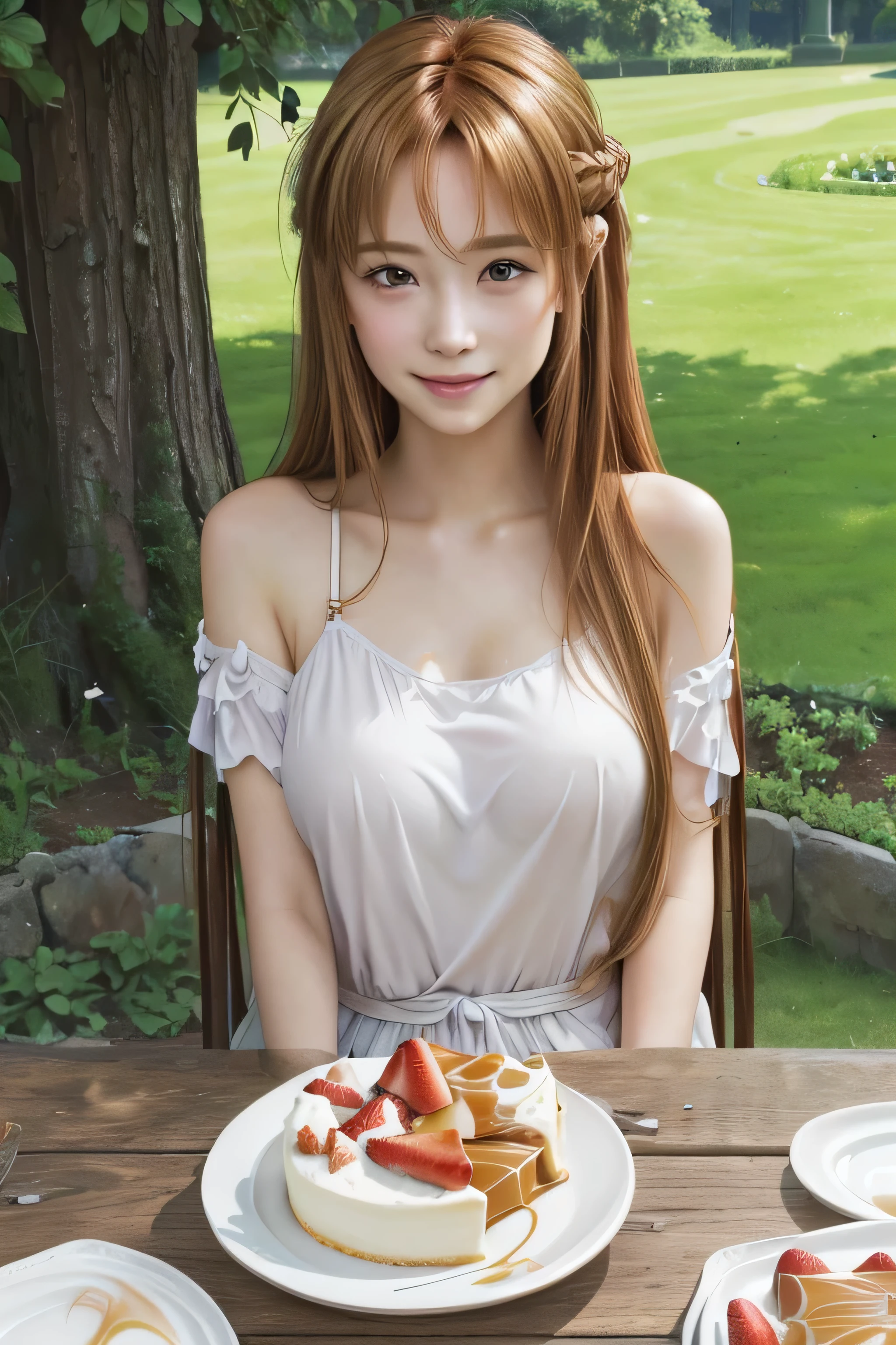 masterpiece, best quality, (realistic,photo-realistic:1.4), (RAW photo:1.2), extremely detailed CG unity 8k wallpaper, delicate and beautiful, amazing,finely detail, official art, absurdres, incredibly absurdres, huge filesize, ultra-detailed,extremely detailed eyes and face,light on face,yuuki asuna,(little smile),(long hair:1.4),(medium breast:1.4),(garden background:1.4),(caramel hair:1.3),strawberry cake