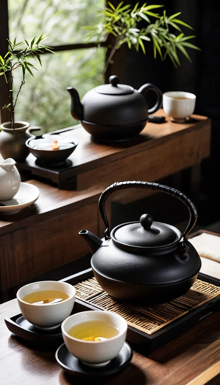 Black cast iron kettle paired with white ceramic tea set,Zen-style small bamboos arranged according to tea banquet rules,Minimalist style tea ceremony scene,Zen style tea banquet,Elegant Zen state,Cleanse people's hearts,Black thick ink strokes background(Afternoon Light and Shadow), (Visual experience) ,(realism), (actual),award winning graphics, Hidden Shot, film grain, Very detailed, Digital art, instant transfer, Unreal Engine, Scene concept anti-glare effect, All captured in sharp focus.((Masterpieces in up to 16K resolution):1.6),((soft_color_photography:)1.5), ((Super detailed):1.4),((Typical static images and dynamic angles):1.3),