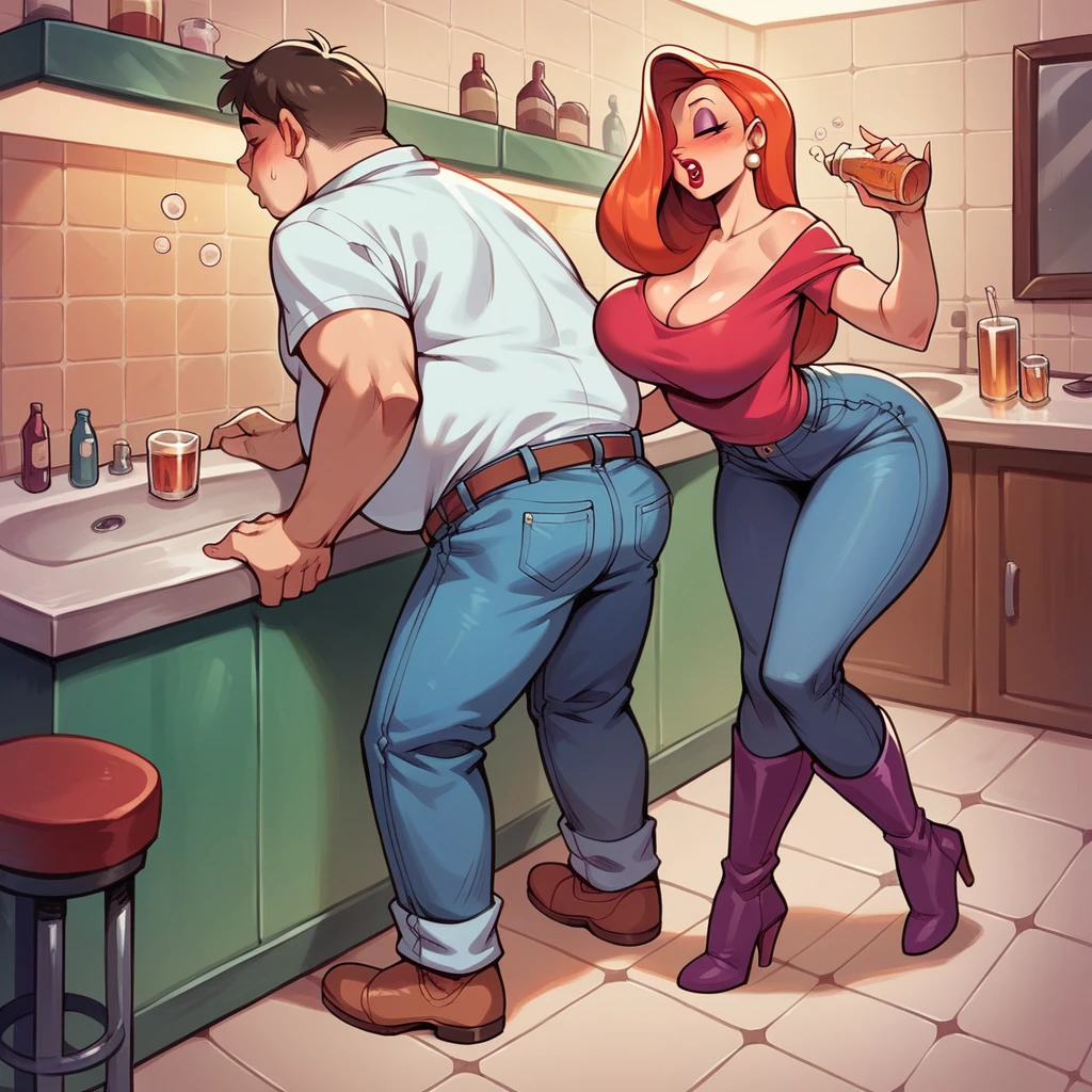 Jessica rabbit is fucking with a fat young man in a bar, she is wearing a top and jeans and long boots, he is wearing a shirt and jeans, she is drunk, bathroom, standing