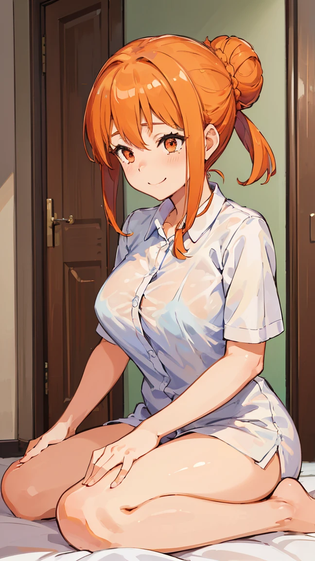 (Highest quality, 8K, masterpiece :1.3),Mrs. Yuigahama,ガハMom, As I expected, my youth romantic comedy is wrong。, One woman,Bun Hair,30 years old,Mom,Orange Hair,nsfw,Bewitching Smile,Sexy pose,Sex with a man
