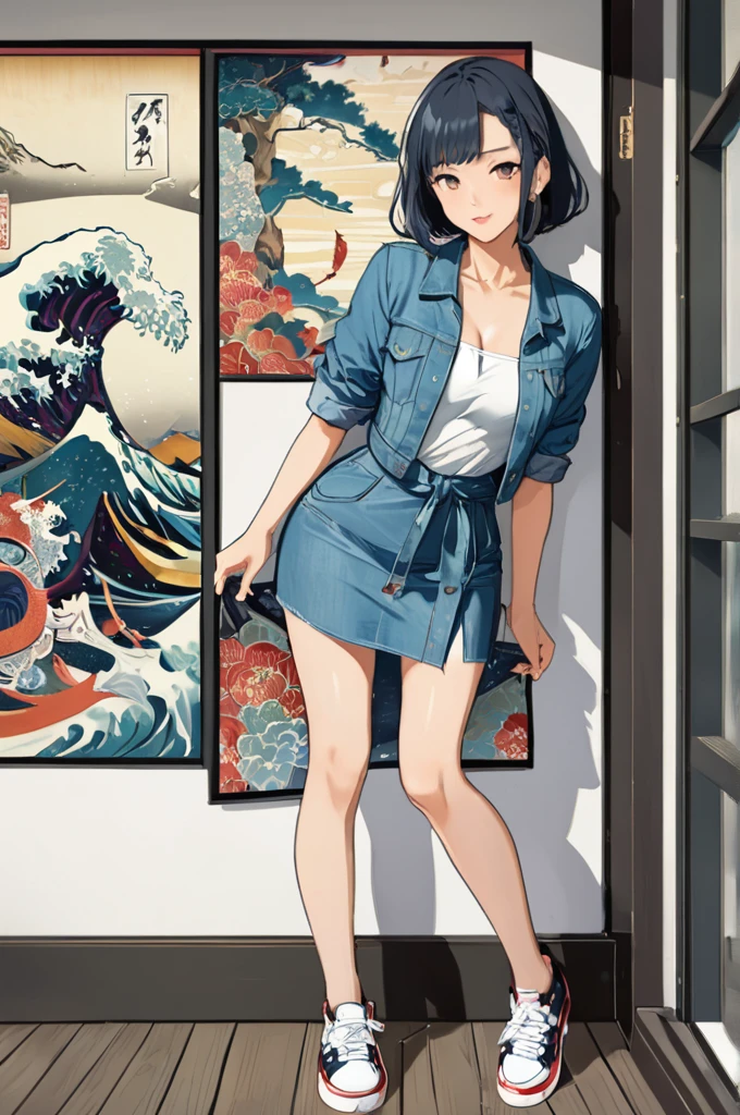 masterpiece, amazing quality, best quality, high resolution, 4K, 8K, UHD, 
Ukiyoe art styles, by rella, by Yoneyama Mai, by Kawamata Tsuneyuki
1girl,  Wrap dress, denim jacket, and sneakers., 
