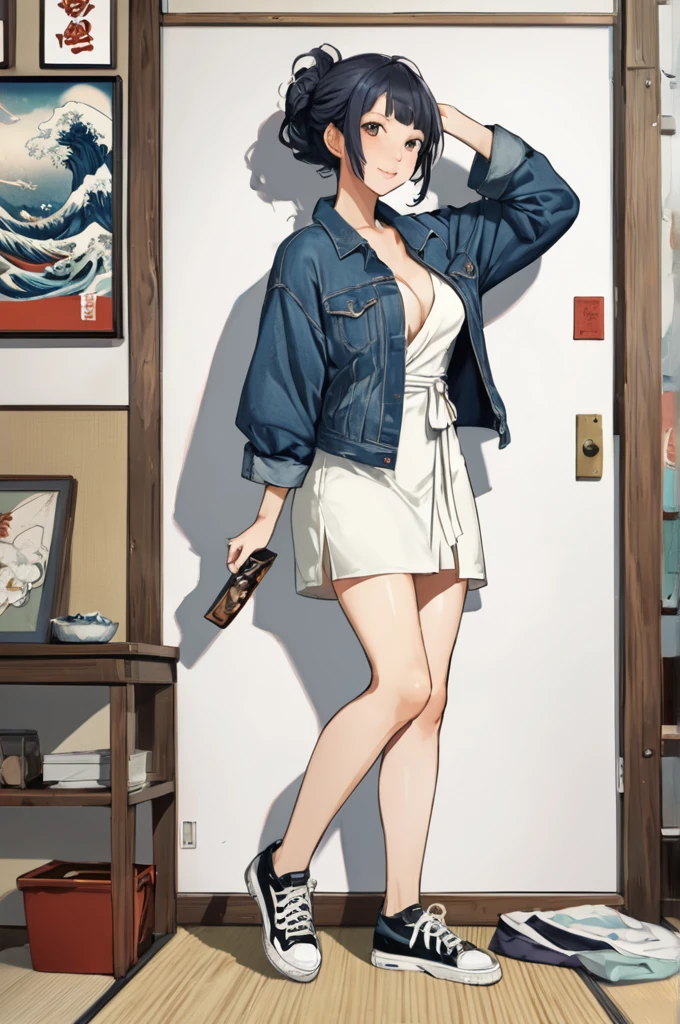 masterpiece, amazing quality, best quality, high resolution, 4K, 8K, UHD,
Ukiyoe art styles, by rella, by Yoneyama Mai, by Kawamata Tsuneyuki
1girl, Wrap dress, denim jacket, and sneakers.,