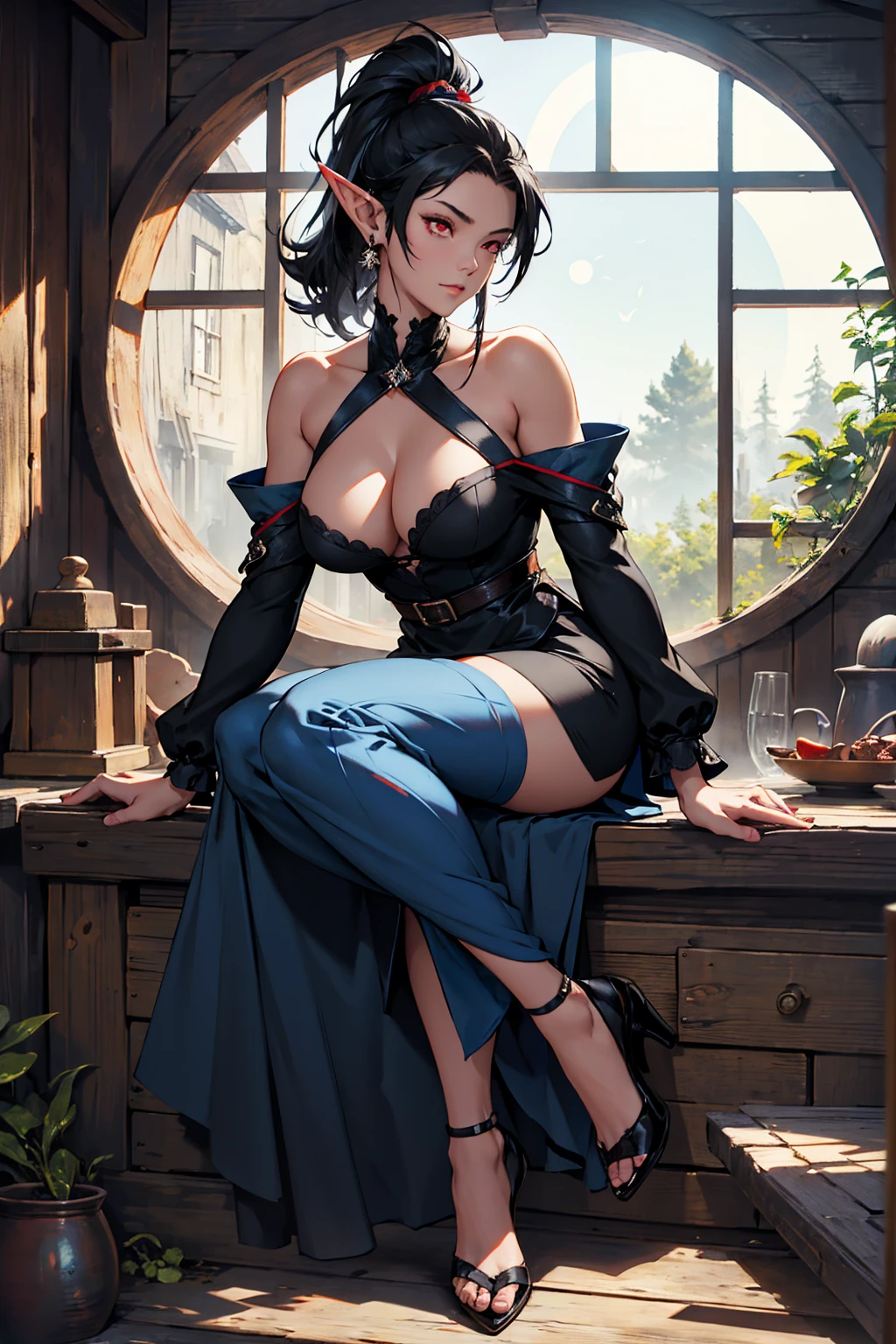 1girl, elf, short ponytail hair, black hair, big breasts, long pointed ears, red eyes (BLUE SKIN) sexy little dress, deep neckline, full body, night, Sitting in an old wooden house, moon in windows, dark forest, very sexy body, detailed clothing, detailed face, highly detailed, 8k, best quality, masterpiece, vibrant colors, digital art, concept art