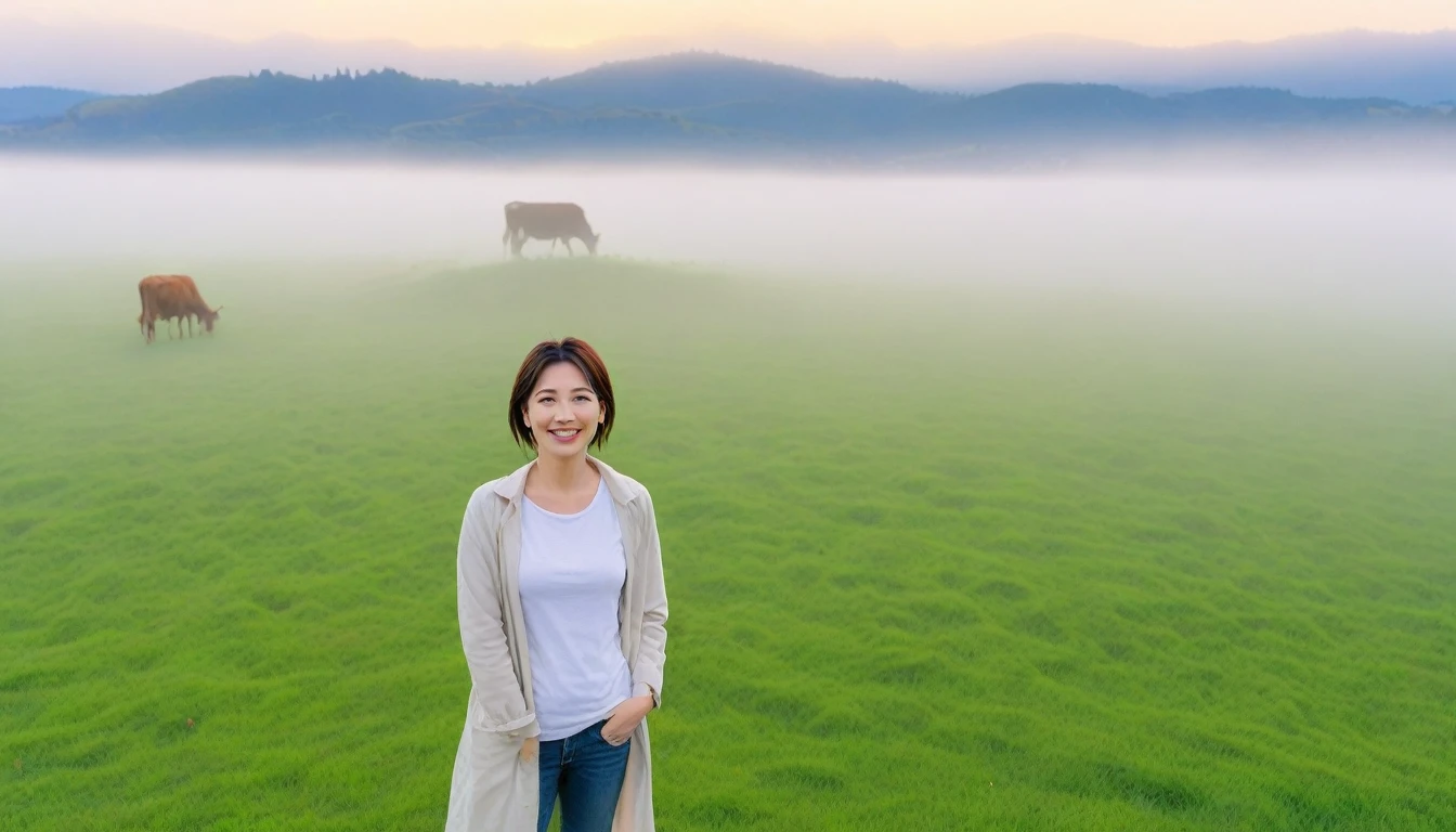 beautiful scenery, 8K Top Quality, Vivid picture quality, 1 woman, Beautiful 36-year-old Korean woman, Chest size 34 inches, Model-level beautiful woman, Smile. Napa Valley, California, USA, dawn, green meadow in the fog far away, Cows graze on a pasture in thick fog. The background is realistic and vivid quality.., short medium bob hair, White t-shirt that goes up to the neck , light trench coat, casual pants, Perfect and realistic photos, The background is realistic.. Full body shot with Canon camera 16-35 wide angle lens