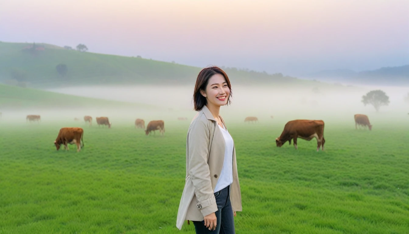 beautiful scenery, 8K Top Quality, Vivid picture quality, 1 woman, Beautiful 36-year-old Korean woman, Chest size 34 inches, Model-level beautiful woman, Smile. Napa Valley, California, USA, dawn, green meadow in the fog far away, Cows graze on a pasture in thick fog. The background is realistic and vivid quality.., short medium bob hair, White t-shirt that goes up to the neck , light trench coat, casual pants, Perfect and realistic photos, The background is realistic.. Full body shot with Canon camera 16-35 wide angle lens