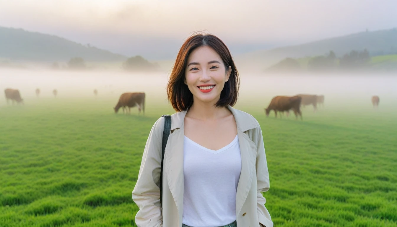 beautiful scenery, 8K Top Quality, Vivid picture quality, 1 woman, Beautiful 36-year-old Korean woman, Chest size 34 inches, Model-level beautiful woman, Smile. Napa Valley, California, USA, dawn, green meadow in the fog far away, Cows graze on a pasture in thick fog. The background is realistic and vivid quality.., short medium bob hair, White t-shirt that goes up to the neck , light trench coat, casual pants, Perfect and realistic photos, The background is realistic.. Full body shot with Canon camera 16-35 wide angle lens