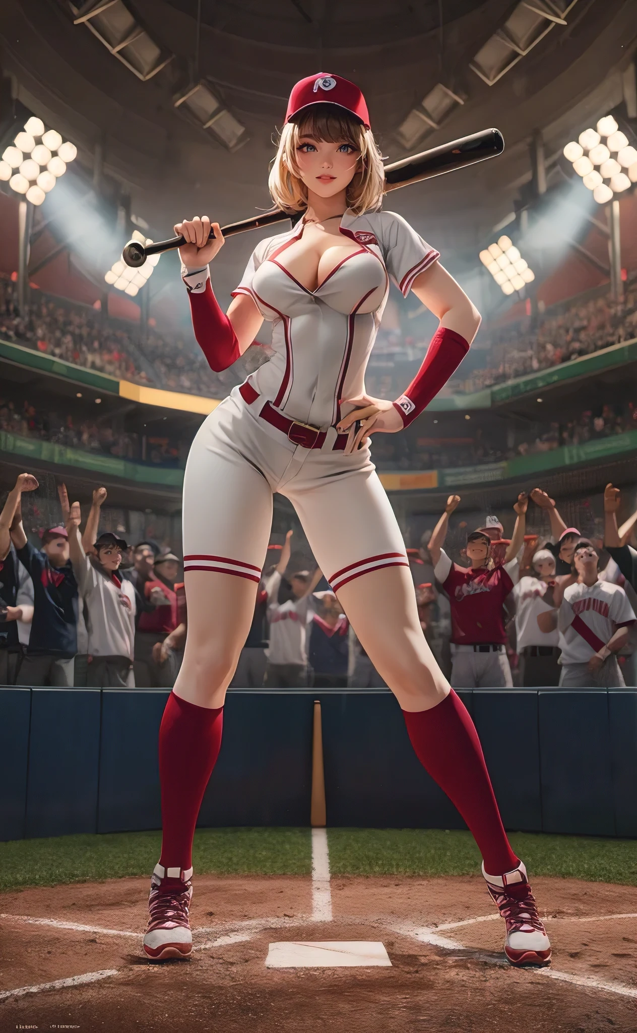 sexy baseball player, busty, bat, stadium interior, photorealistic, 3d render, anime style