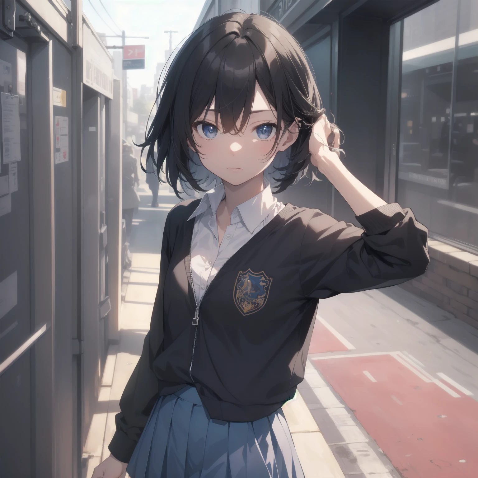 ultra-absurdres-Top quality by artist God, ultra-detailed, high resolution, anime moe artstyle, best anime 8k konachan wallpaper, pixiv contest winner, pool:2810, perfect anatomy,break, 1girl, (Please draw a girl walking sleepily to school alone. )break,(Solo,little female, 13-year-old:1.3),Full limbs, complete fingers,a junior high school student, (very short hair), short cut, flat chest, , small butt, small black eyes, beautiful detailed eyes, well-proportioned iris and pupils, expressive eyes, highres detailed hair, soft expression, school_uniform, collared shirt, pleated skirt,(Detailed Lighting), (Detailed background), in the School commute route. break,super detailed skin, Best cinematic lighting powered by famous artist, 8k,beauty illustration,photoshop_(medium),very aesthetic,break,((artist:tomose_shunsaku )), artist:clamp ,artist:carnelian ,artist:kantoku ,