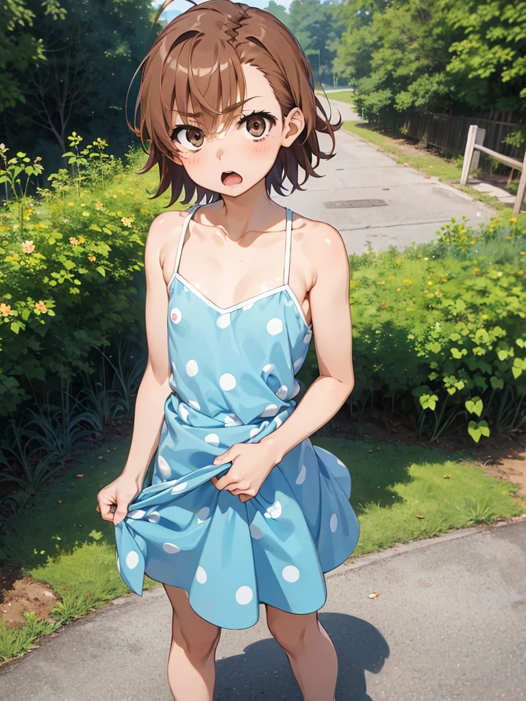 masterpiece, best quality, aalo, solo, short hair, ahoge, collarbone, (petite),
 furrowed brow, open mouth, standing, polka dot dress, (blue dress lift), flat chest, nipple slip, nipples show off, outdoor,