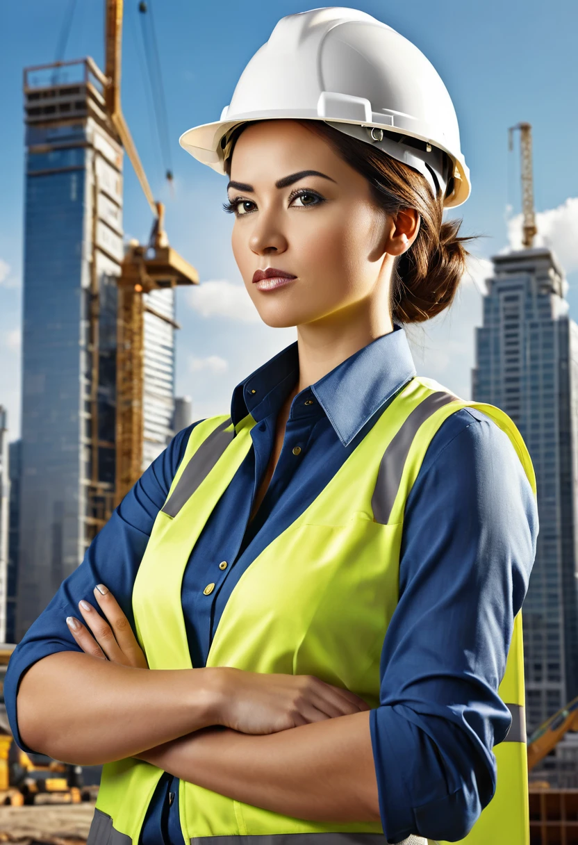 "A female worker in a modern work environment, wearing professional attire and a safety helmet. She looks strong and confident, holding a work tool in her hand. The background is a cityscape or construction area with realistic details. Dominant colors are blue and white with gold accents. The style is high-quality digital illustration with a realistic touch, focusing on the strength and professionalism of the female worker. --v 5 --ar 16:9 --q 2 --style 4a --uplight"

