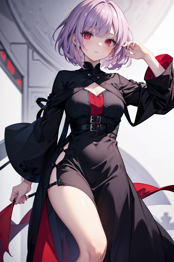 a beautiful girl with light violet hair wearing a black dress, extremely detailed facial features, bob haircut, woman wearing a long black and red coat, solo character, white background, anime style, very detailed, best quality, masterpiece, red eyes, short hair