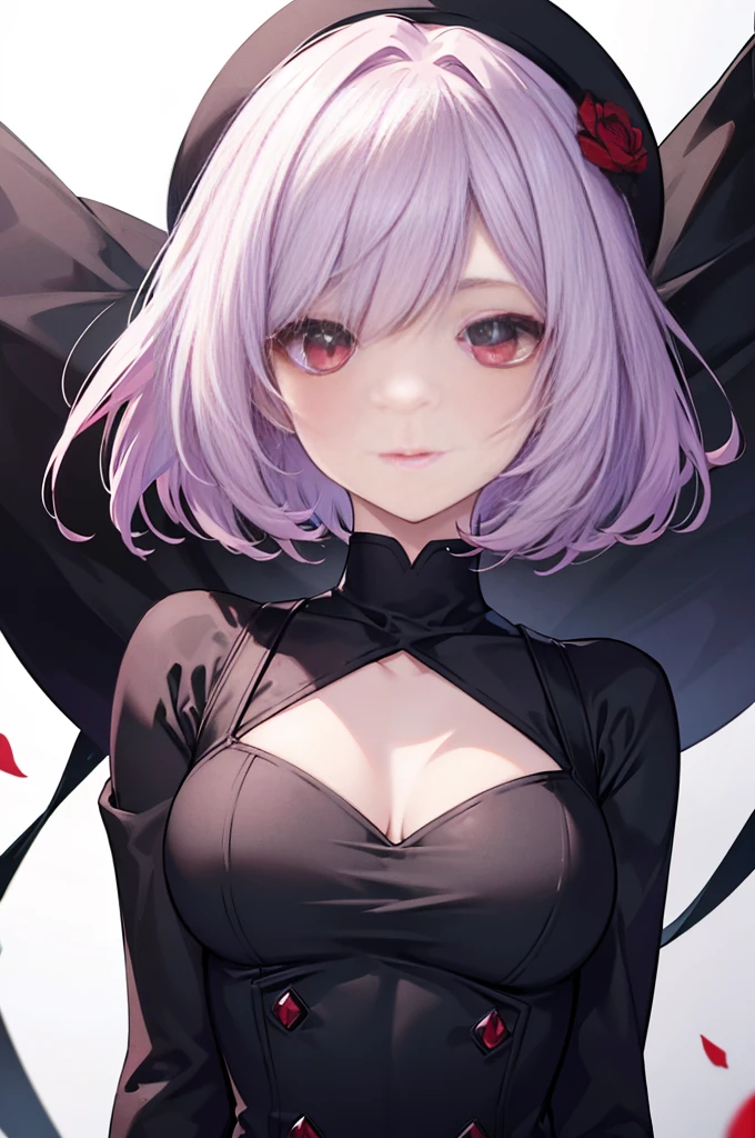 a beautiful girl with light violet hair wearing a black dress, extremely detailed facial features, bob haircut, woman wearing a long black and red coat, solo character, white background, anime style, very detailed, best quality, masterpiece, red eyes, short hair