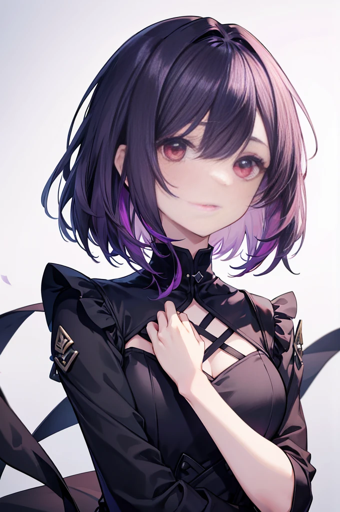 a beautiful girl with light violet hair wearing a black dress, extremely detailed facial features, bob haircut, woman wearing a long black and red coat, solo character, white background, anime style, very detailed, best quality, masterpiece, red eyes, short hair