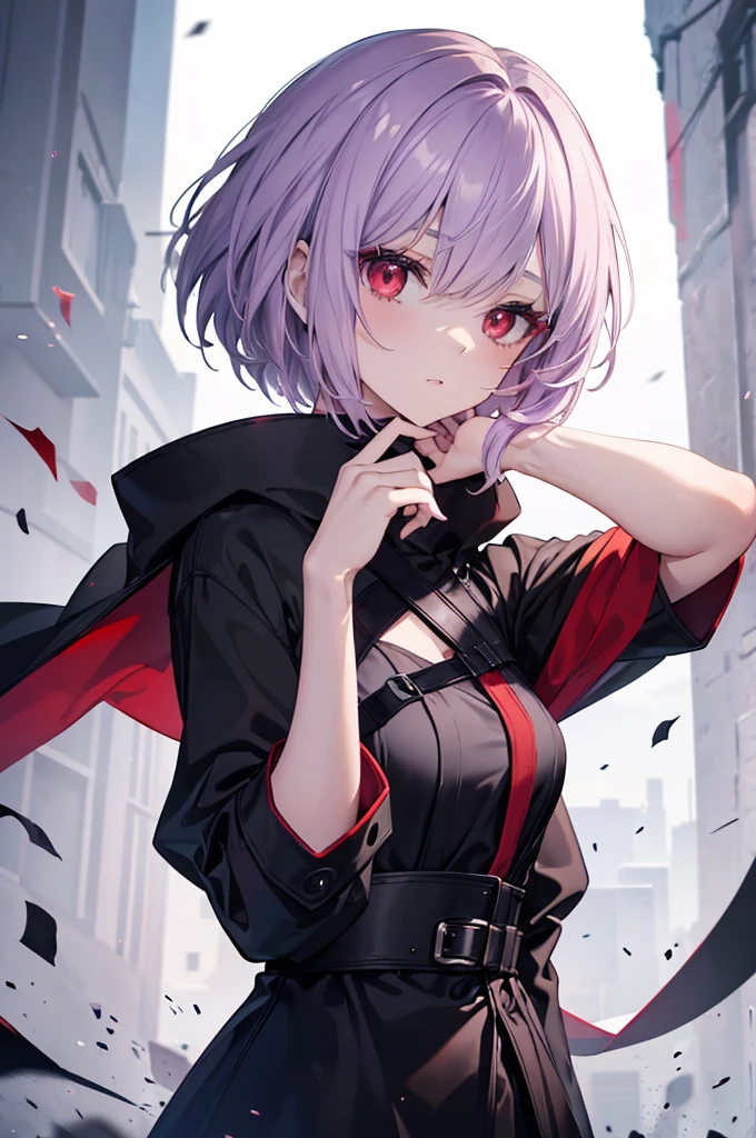 a beautiful girl with light violet hair wearing a black dress, extremely detailed facial features, bob haircut, woman wearing a long black and red coat, solo character, white background, anime style, very detailed, best quality, masterpiece, red eyes, short hair