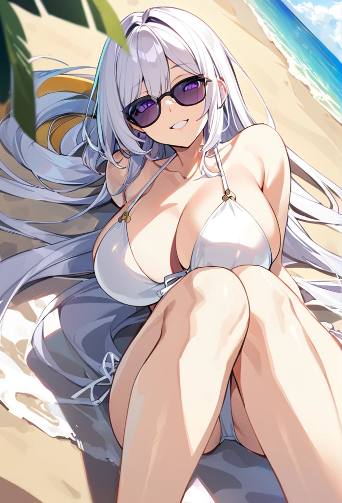 1girl, long white hair, , violet eyes, , big breasts, sunglasses, white small bikini, on sand, beach, smiling, lie on sand