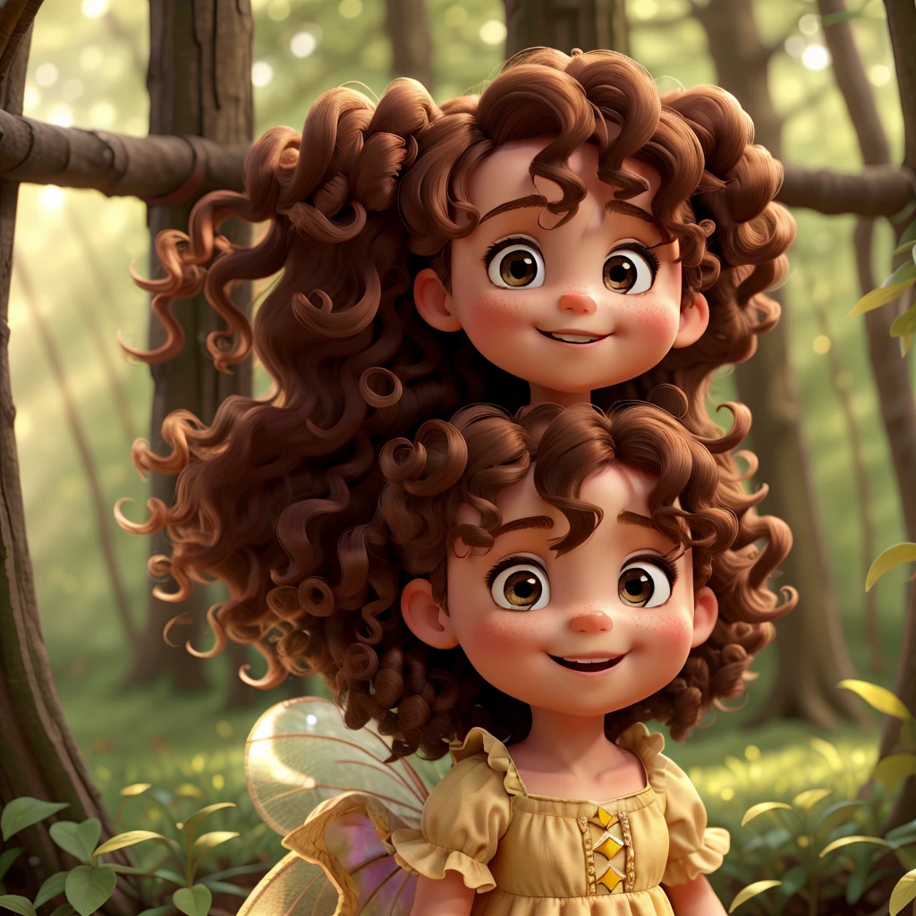 In the cozy confines of a sunlit forest, a very tiny one-year-old fairy baby with very short curly hair, rosy cheeks and faded brown eyes. Dressed in a tulle and ruffled fairy dress, her curls bounce happily as she laughs, the sunlight illuminating her skin casting a warm, golden glow over the scene. The air is filled with children of childlike wonder and joy.