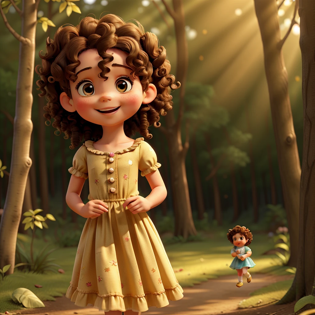 In the cozy confines of a sunlit forest, a very tiny one-year-old fairy baby with very short curly hair, rosy cheeks and faded brown eyes. Dressed in a tulle and ruffled fairy dress, her curls bounce happily as she laughs, the sunlight illuminating her skin casting a warm, golden glow over the scene. The air is filled with children of childlike wonder and joy.