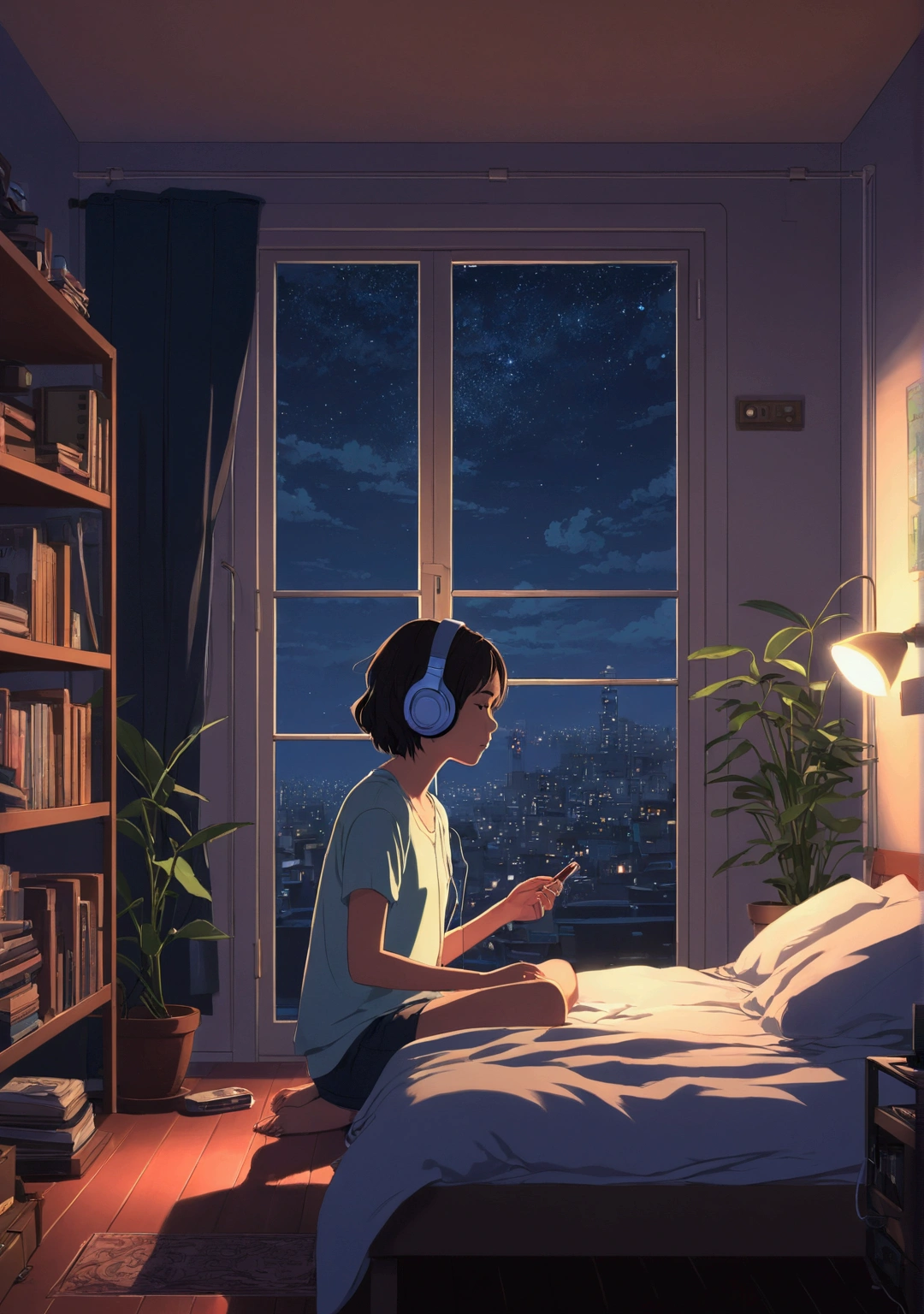 night、Girl listening to music in a cozy room, Using headphones, 2D-style animation, Lo-Fi, hard disk, Dark Environment In the style of Makoto Shinkai