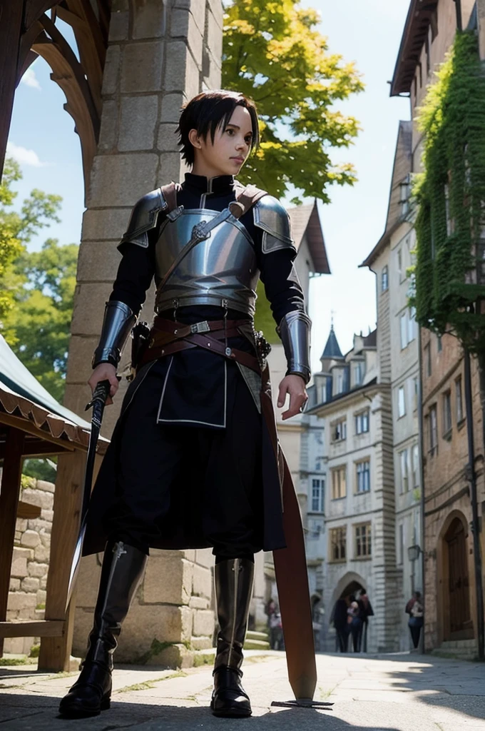"Create a highly realistic medieval fantasy town inspired by Sword Art Online. The central character should be Kirito, depicted with lifelike detail, wearing his iconic black outfit and wielding his signature sword. The town is bustling with people dressed in authentic medieval clothing, and market stalls are filled with various goods. Majestic buildings with gothic spires and glowing crystals dominate the skyline. The scene should be vibrant and dynamic, with sunlight casting a warm glow over the entire setting. The background features towering castles and lush green hills, enhancing the overall realism and depth of the image."