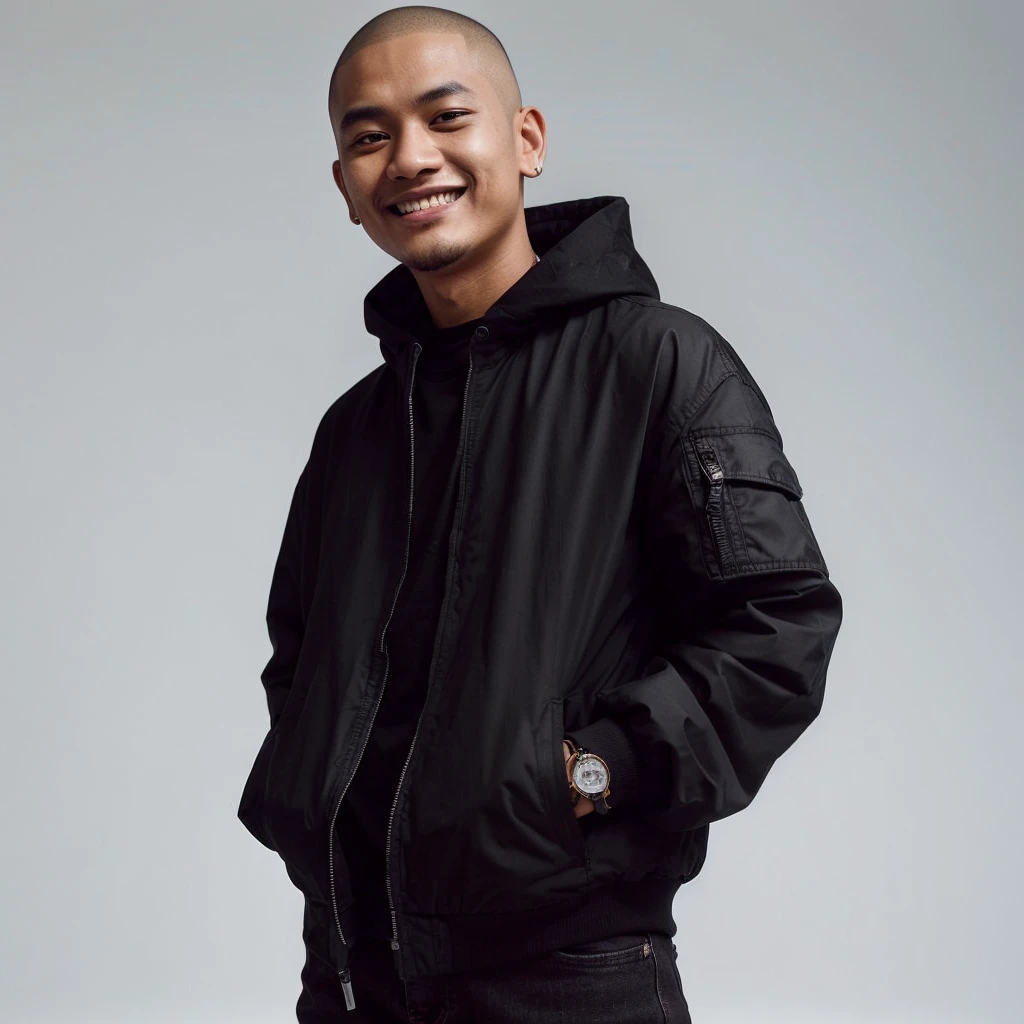 photo session, a 29 year old Indonesian rapper, with shaved hair, wearing a black jacket, black jeans, smiling faintly, with a challenging style, white background at an angle