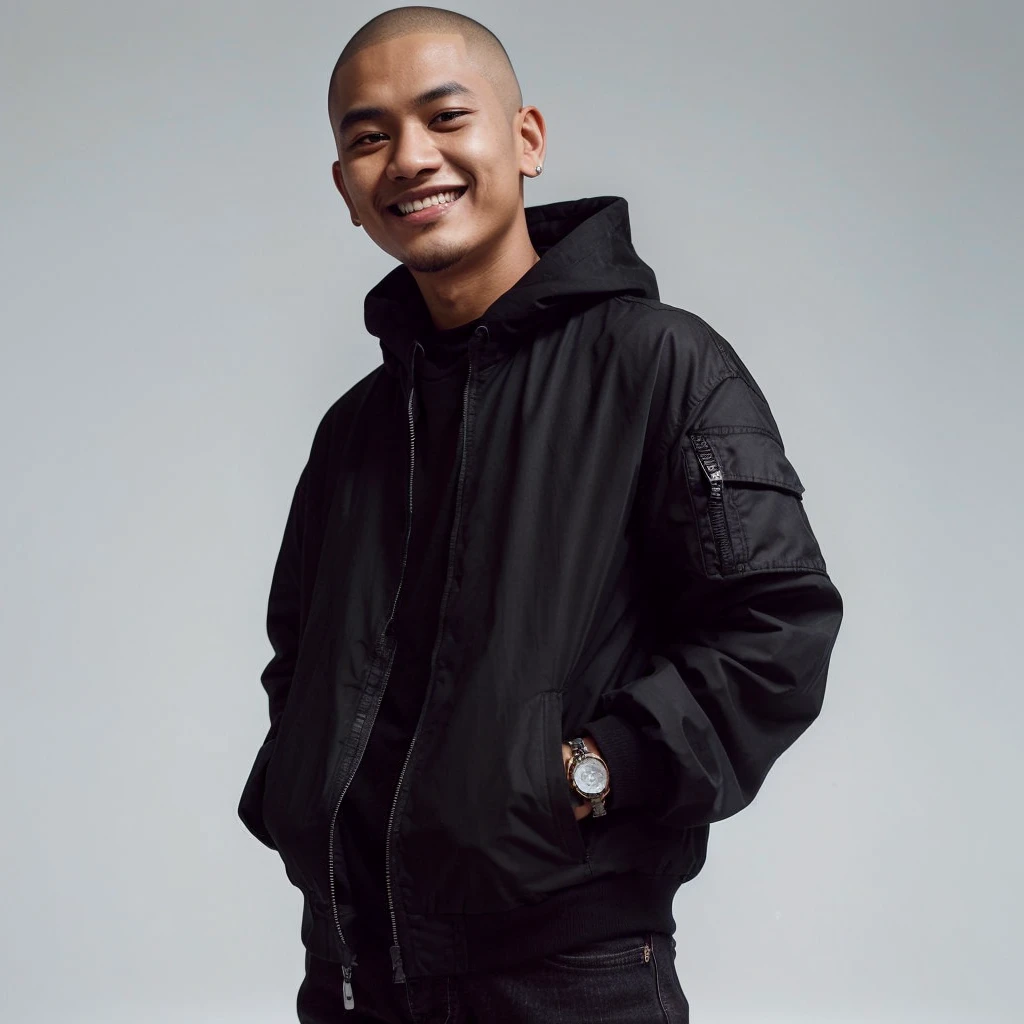 photo session, a 29 year old Indonesian rapper, with shaved hair, wearing a black jacket, black jeans, smiling faintly, with a challenging style, white background at an angle