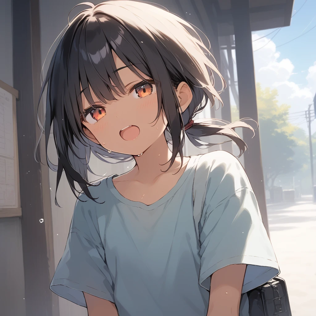 score_9, score_8_up, score_7_up, source_anime, best quality, masterpiece, official art, absurdres, highres, ultra-detailed,waifu2x,Collection: Slice of Life,break,1girl, tomboy, dark-skinned female, short hair, low ponytail, flat chest, beautiful detailed eyes, short shorts, sweat, open mouth, (yawn:0.3), sleepily, outdoors, wind,break,(clear line illustration:1.2), super detailed skin,very high resolution, very aesthetic, Best sexual lighting powered by famous artist, 8k,cute picture,beauty illustration,photoshop_(medium),,(Detailed Lighting),best anime 8k konachan wallpaper, pixiv contest winner,
