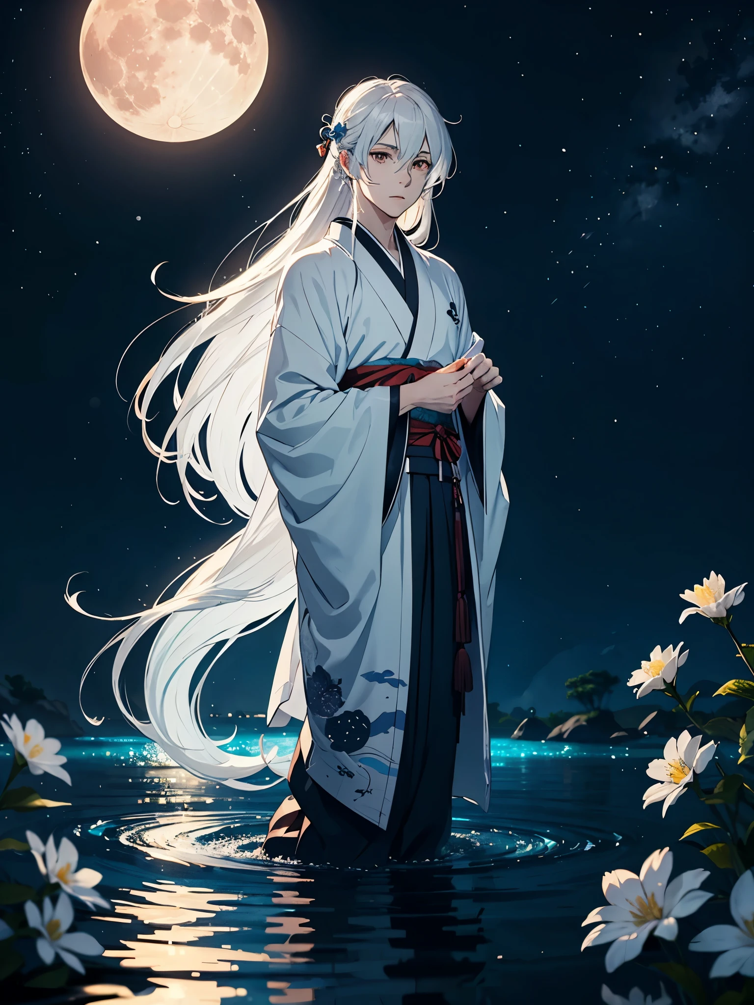Kimono. . More anime. light blue light. Bright bright light. magical. Moon. White flowers. male. Long hair. long white hair. aquatic, boy, God of the Moon, silver hair accessories, White hair.