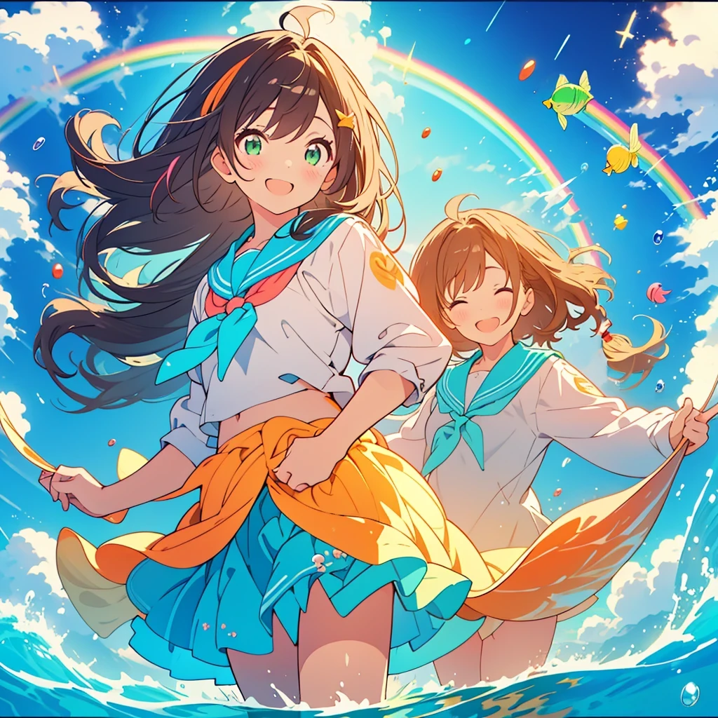 kawaii, anime, Cute, hyper quality, highly detailed, 8k, Front facing, Clarity, brown long hair, green eyes, smile, sailor suit, the skirt flaps, In the water, Pose with movement, countless bubbles, wrapped in bubbles, light shines in, underwater, rainbow light effect, Fantastic, particles of light, 10 colorful small tropical fish, twist your body, shining in rainbow colors, vivid sea, sea swell, In the bright sea, Uplifting, school of small fish, Bubbles of various sizes, Colorful light, Clearly depict facial expressions, sink into the sea, The background is a view of the deep sea, no background, rainbow colored coral reef, richly colored light, The bottom of the sea,