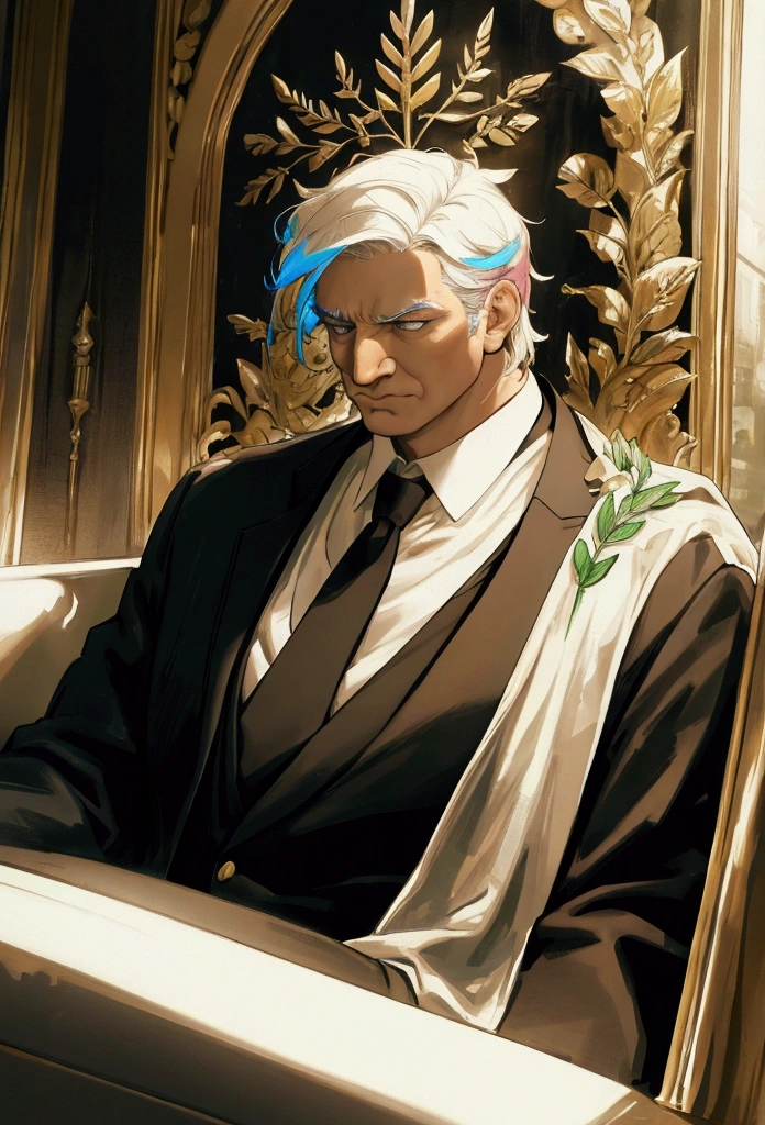 politician in a limo, he is wearing laurel wreath