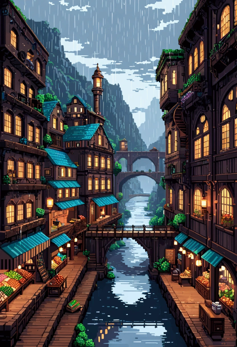 masterpiece, high quality, Ethyl Ketone, Pixel Art, Industrial age city, There is a deep canyon in the middle, Building Street, market, bridge, rain, Steampunk,