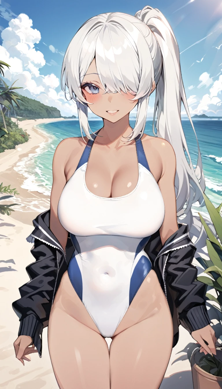 a girl with a ponytail wearing a swim outfit near the ocean, 1girl, breasts, swimsuit, solo, one-piece swimsuit, covered navel, hair over one eye, twintails, looking at viewer, cleavage, blue eyes, white one-piece swimsuit, jacket, smile, outdoors, collarbone, highleg swimsuit, plant, large breasts, beach, off shoulder, parted lips, blush, cowboy shot, highleg, open clothes, potted plant, white hair, black jacket, bare shoulders, long sleeves, open jacket, ocean, Brown skin