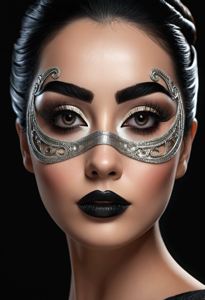 a beautiful woman with a face mask, kohl-lined eyes, thick black eyebrows, and stylishly coiffed hair, (best quality,4k,8k,highres,masterpiece:1.2),ultra-detailed,(realistic,photorealistic,photo-realistic:1.37),1girl, beautiful detailed eyes,beautiful detailed lips,extremely detailed eyes and face,long eyelashes,black face mask,black hair,high fashion hairstyle,dramatic eye makeup,dark eyebrows,chiaroscuro lighting,moody lighting,cinematic lighting,dramatic lighting,high-end fashion photography,editorial style,vogue style,dark and moody,dramatic colors,rich colors,high contrast