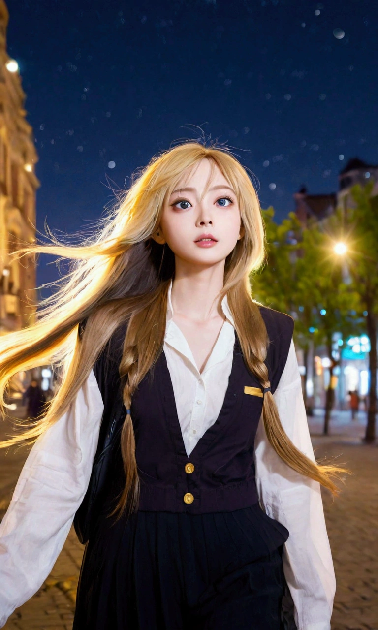 The girl has big eyes, delicate features and long flowing hair. She walks in the city and looks up at the starry sky.,