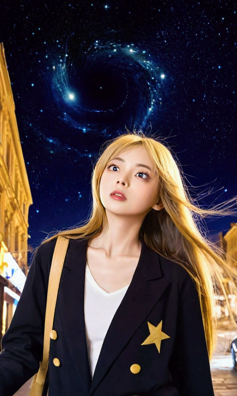 The girl has big eyes, delicate features and long flowing hair. She walks in the city and looks up at the starry sky.,