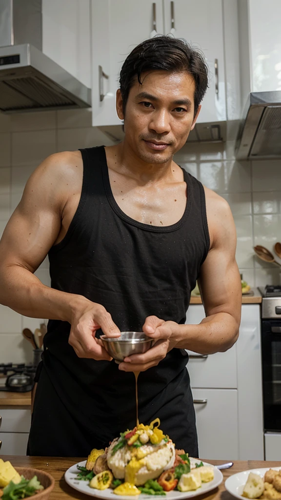 photorealistic,man,Thai person,45 years old,handsome,cool, tossing scrambled eggs in a frying pan, at the kitchen, Put on the table,Looks delicious,Very delicious,Have lunch,realistically,sharp.