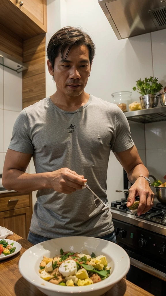photorealistic,man,Thai person,45 years old,handsome,cool, tossing scrambled eggs in a frying pan, at the kitchen, Put on the table,Looks delicious,Very delicious,Have lunch,realistically,sharp.
