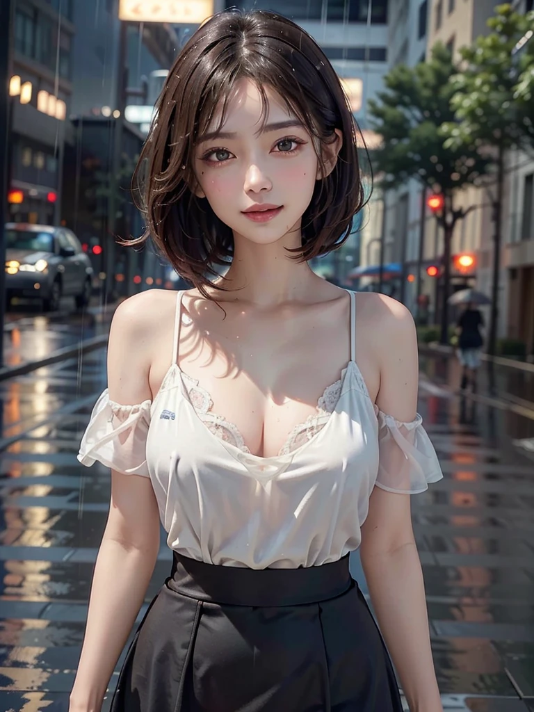 a beautiful woman, cowboy shot, light brown short cut hair, beautiful detailed eyes, beautiful detailed skin,Blouse with lace,Dark colored skirt, slim waist,, slim figure, mouth closed, smiling, collarbone, (best quality, 4K, 8K, highres, masterpiece:1.2), ultra-detailed, (realistic, photorealistic, photo-realistic:1.37), intricate details, cinematic lighting, dynamic composition, depth of field, cinematic mood,Road between skyscrapers in the city,(heavy rain:1.25)、Wet clothes、Wet Hair、Sexy pose,