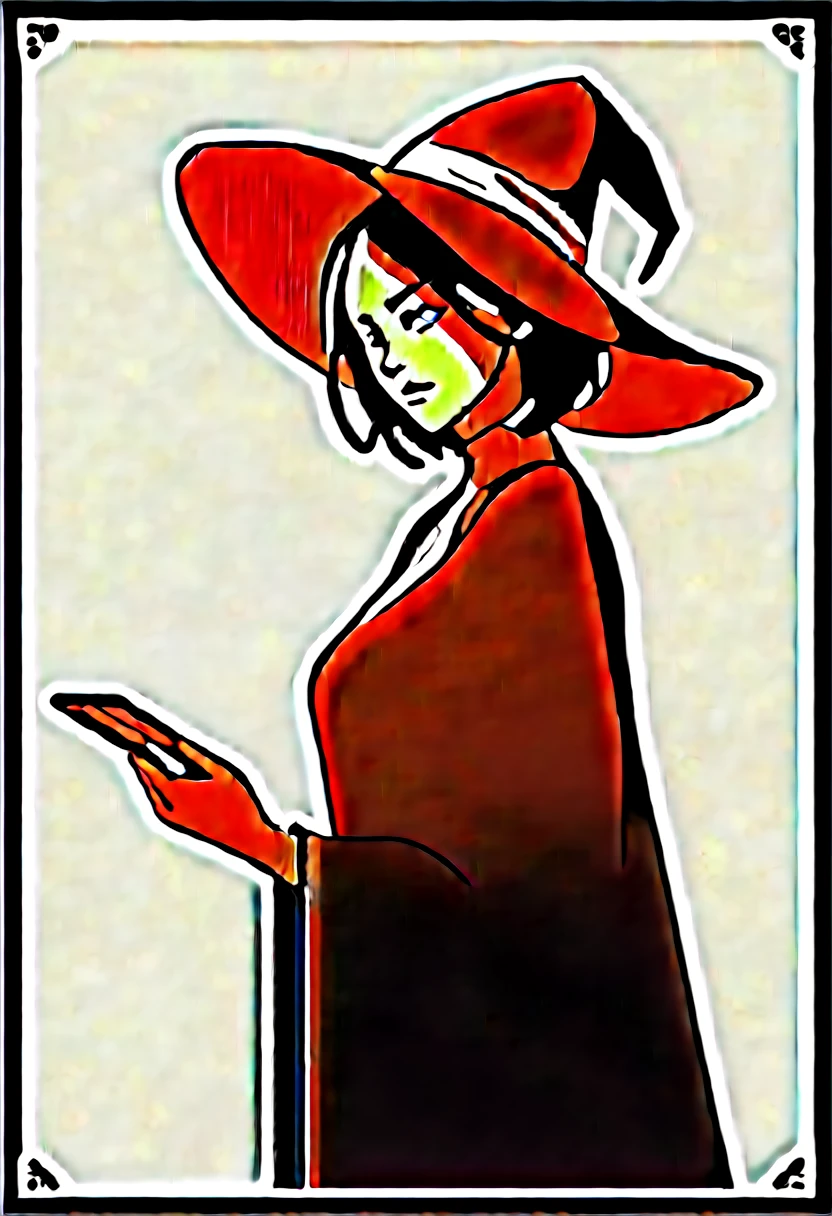 Woman Witch , strong and imposing, illustration of a war scene, centralised image, a single image on a single card, with Bronze and Silve of blue borders,