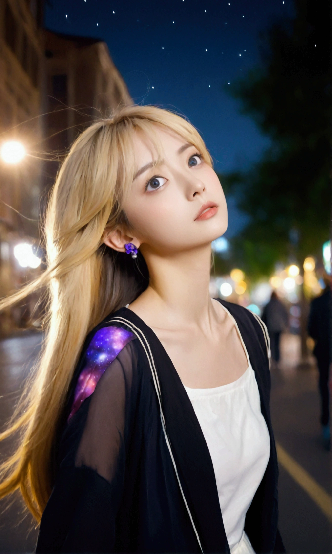 The girl has big eyes, delicate features and long flowing hair. She walks in the city and looks up at the starry sky.,