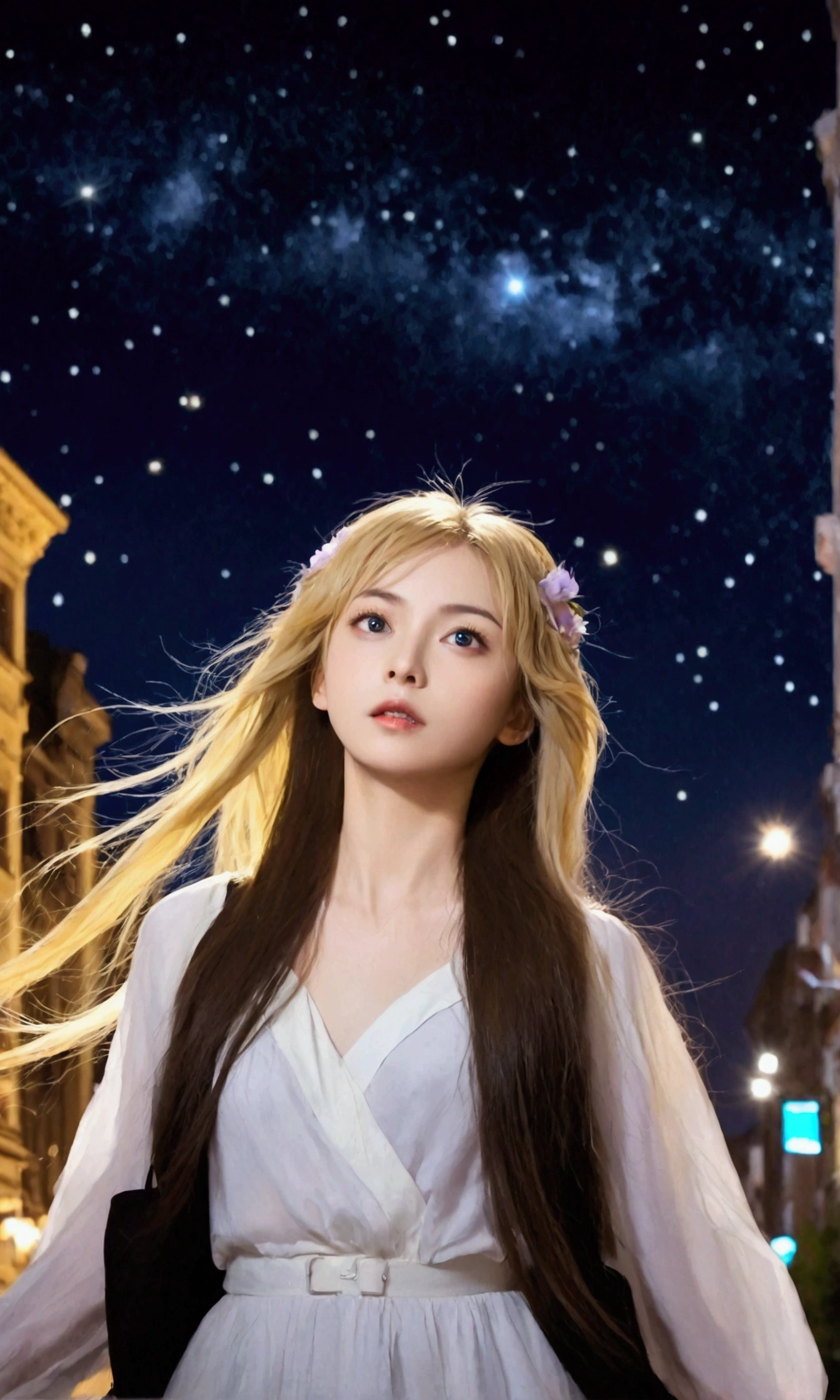 The girl has big eyes, delicate features and long flowing hair. She walks in the city and looks up at the starry sky.,