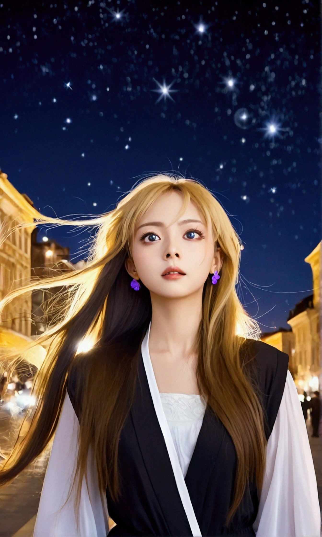 The girl has big eyes, delicate features and long flowing hair. She walks in the city and looks up at the starry sky.,